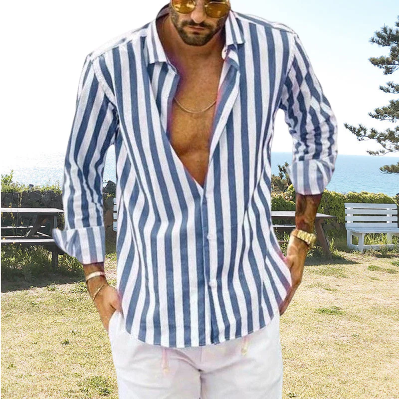Spring Summer Men's Cotton Linen Striped Button Shirt - Image 10