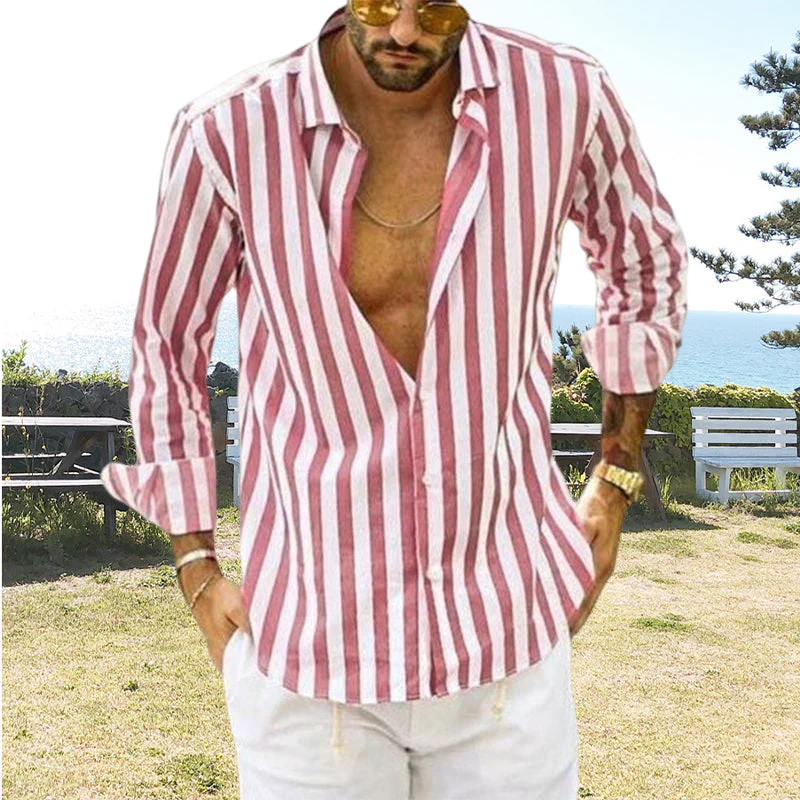 Spring Summer Men's Cotton Linen Striped Button Shirt - Image 11