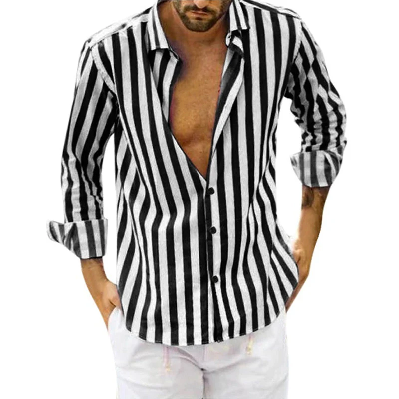 Spring Summer Men's Cotton Linen Striped Button Shirt - Image 12