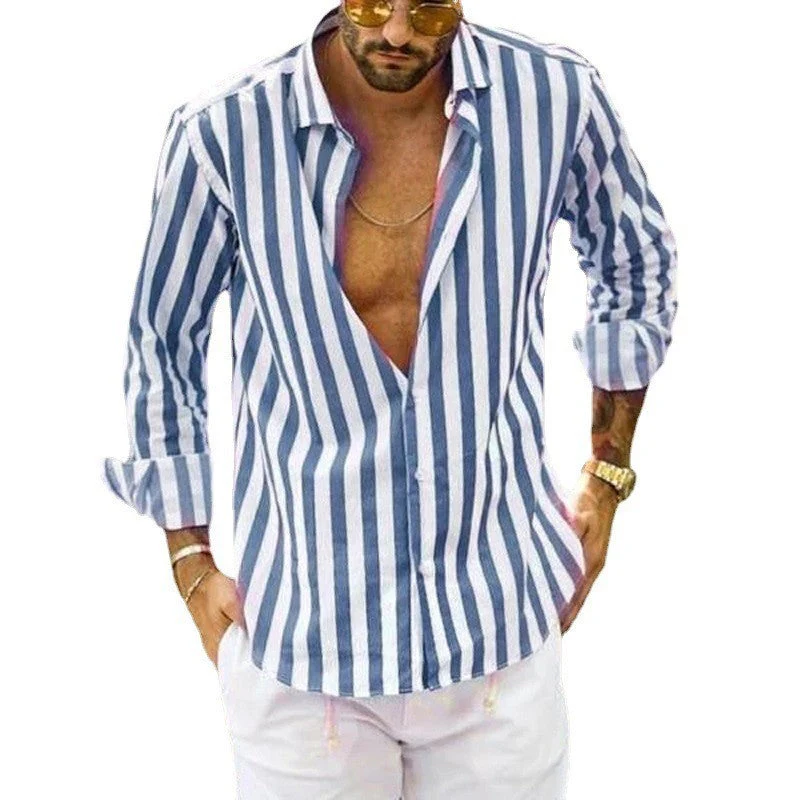 Spring Summer Men's Cotton Linen Striped Button Shirt - Image 13