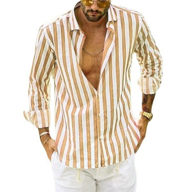Spring Summer Men's Cotton Linen Striped Button Shirt - Image 14