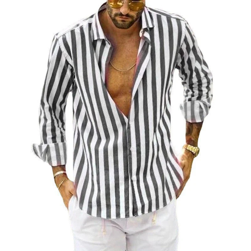 Spring Summer Men's Cotton Linen Striped Button Shirt - Image 15