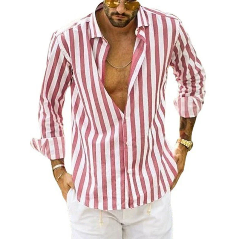 Spring Summer Men's Cotton Linen Striped Button Shirt - Image 16
