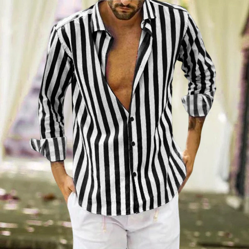 Spring Summer Men's Cotton Linen Striped Button Shirt - Image 2