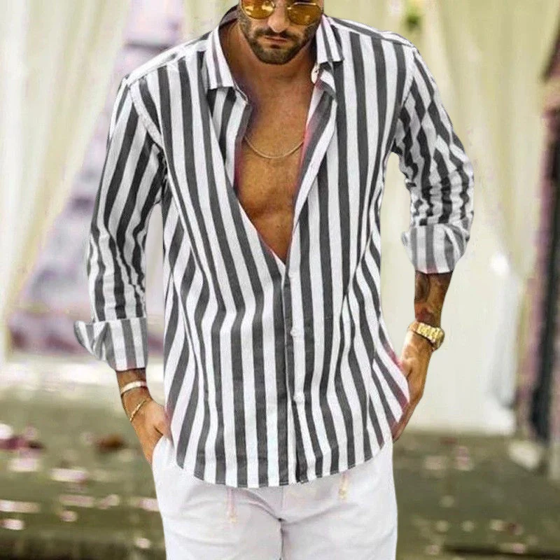 Spring Summer Men's Cotton Linen Striped Button Shirt - Image 3