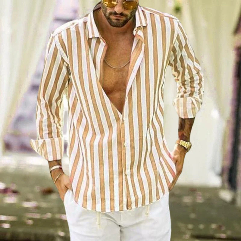 Spring Summer Men's Cotton Linen Striped Button Shirt - Image 4