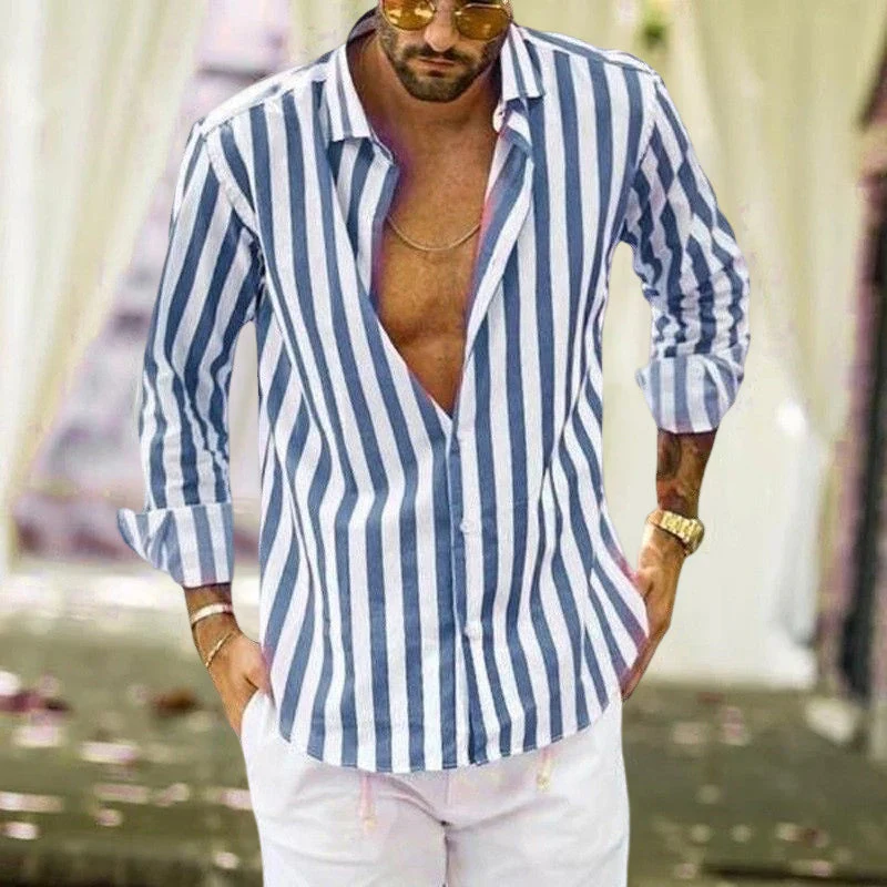 Spring Summer Men's Cotton Linen Striped Button Shirt - Image 5