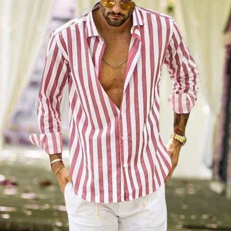 Spring Summer Men's Cotton Linen Striped Button Shirt - Image 6