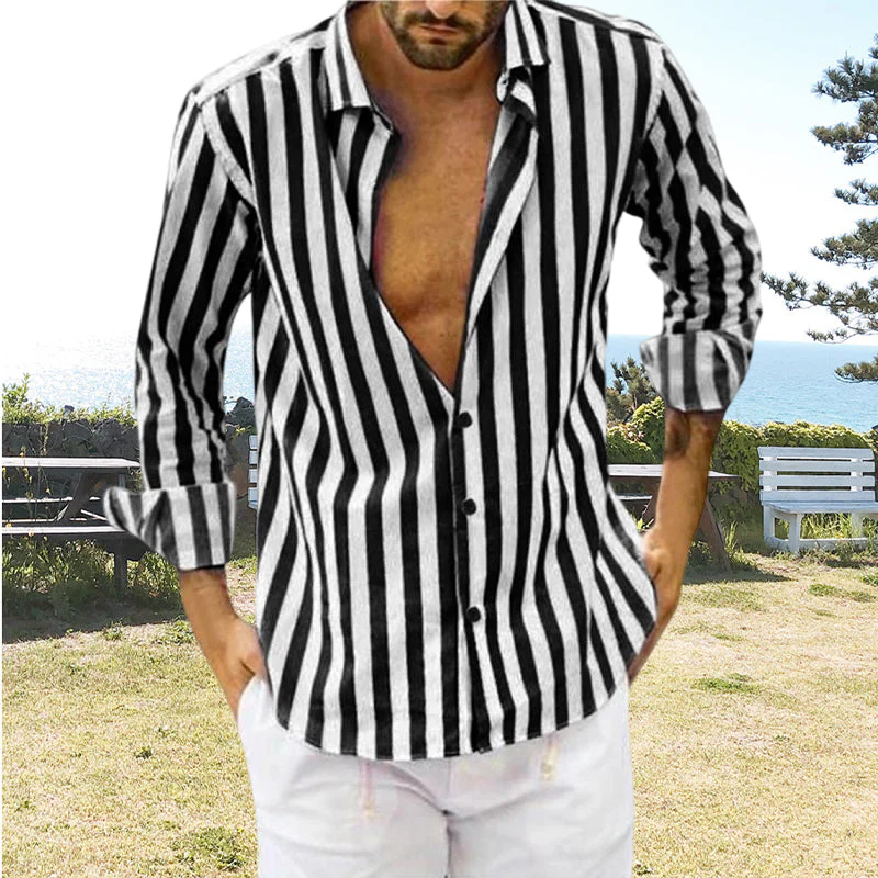 Spring Summer Men's Cotton Linen Striped Button Shirt - Image 7