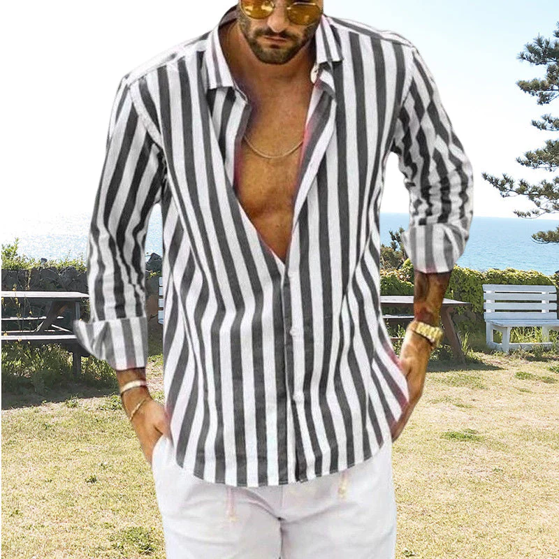 Spring Summer Men's Cotton Linen Striped Button Shirt - Image 8