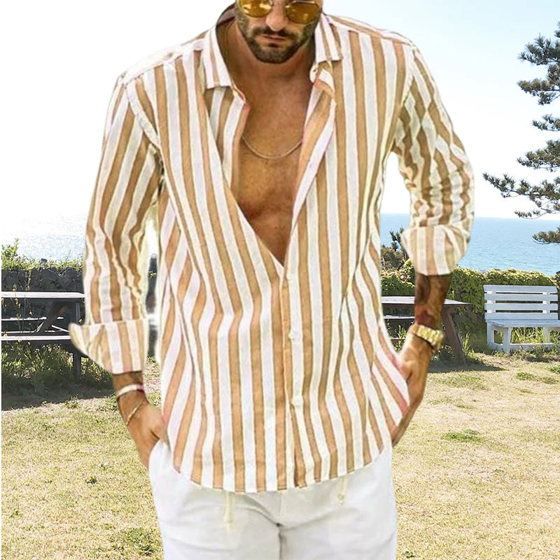 Spring Summer Men's Cotton Linen Striped Button Shirt - Image 9