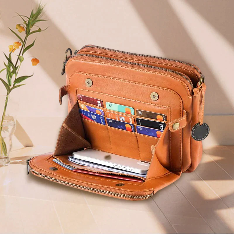 Three-Layer Leather Crossbody Shoulder & Clutch Bag - Image 5