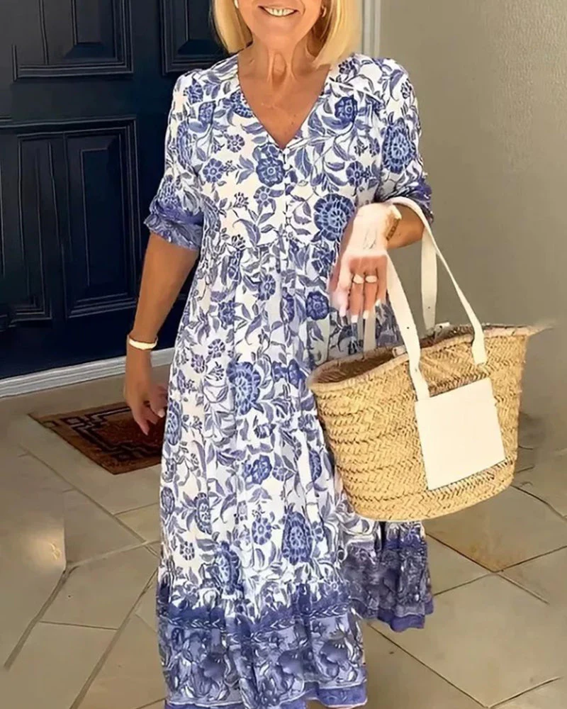 V Neck Blue Floral Print Dress - Image 3