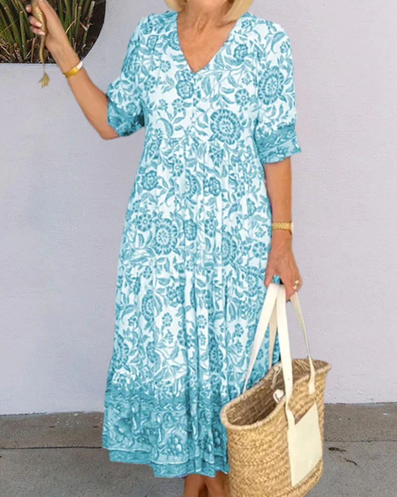 V Neck Blue Floral Print Dress - Image 4