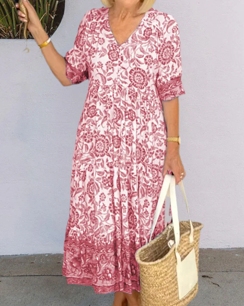 V Neck Blue Floral Print Dress - Image 5