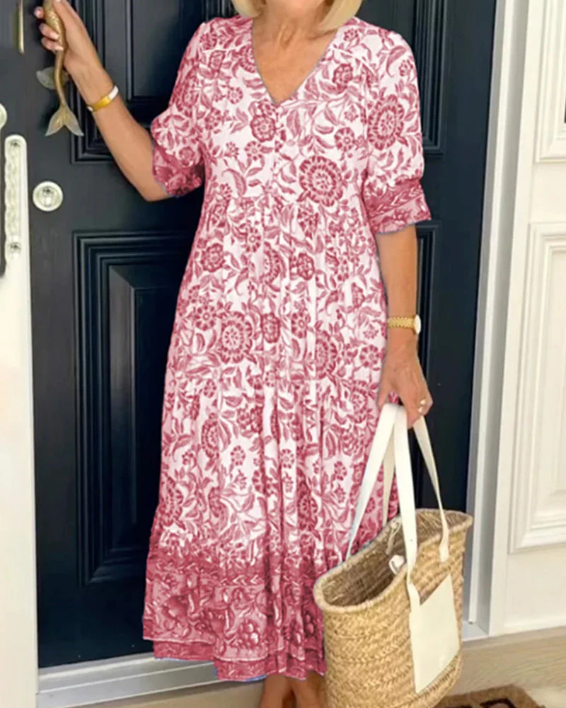 V Neck Blue Floral Print Dress - Image 7