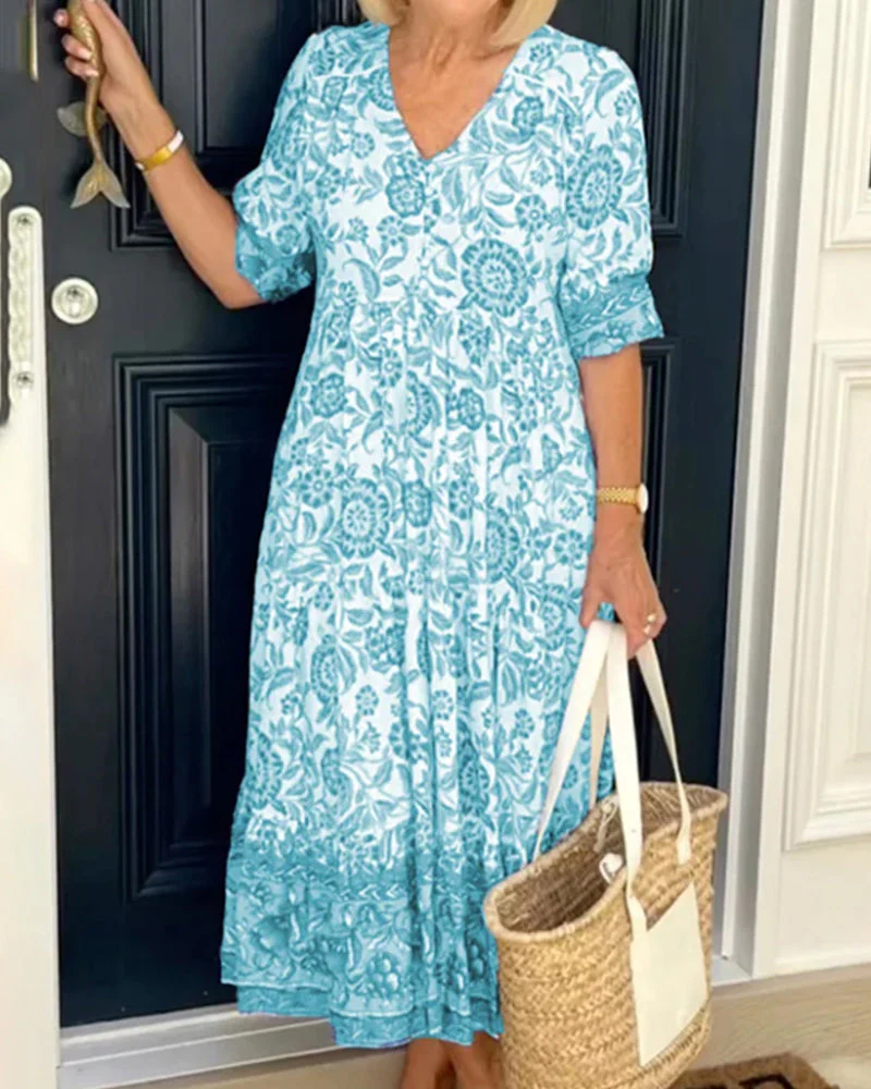 V Neck Blue Floral Print Dress - Image 8