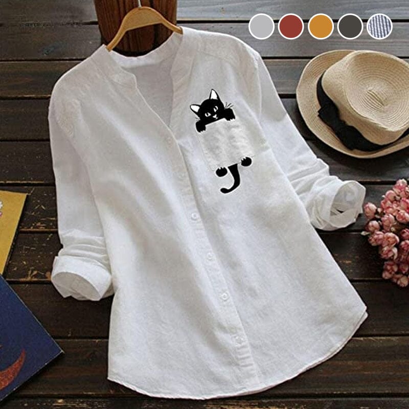 V-neck Cotton And Cat Print Long Sleeve Blouse - Image 2