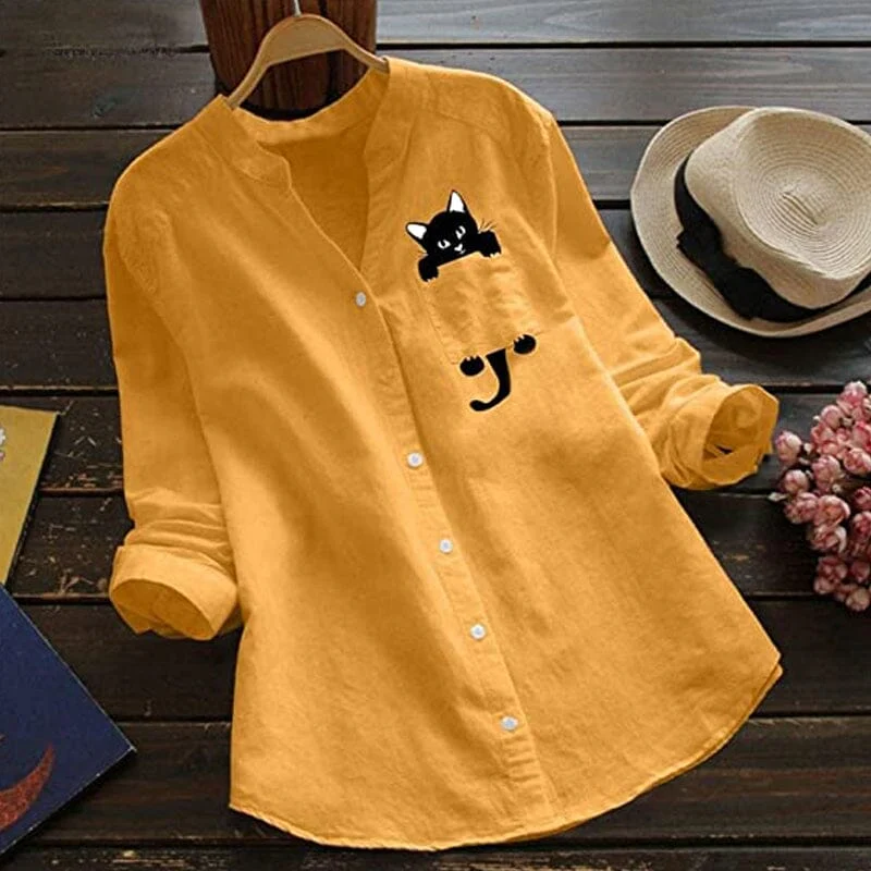 V-neck Cotton And Cat Print Long Sleeve Blouse - Image 3