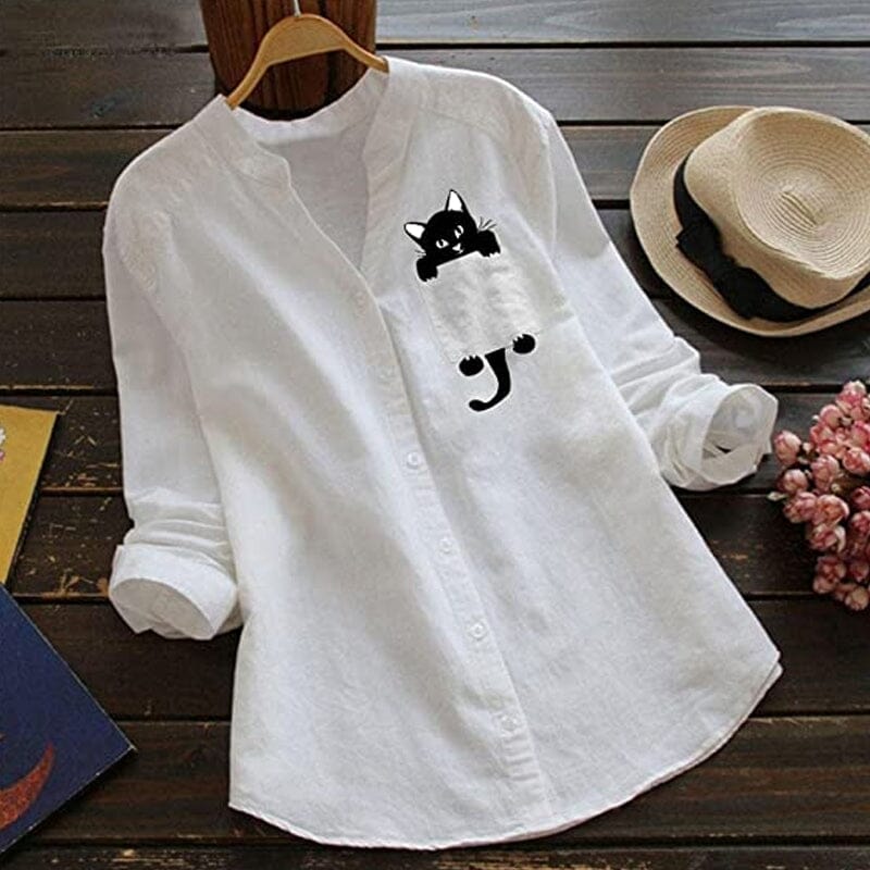 V-neck Cotton And Cat Print Long Sleeve Blouse - Image 4