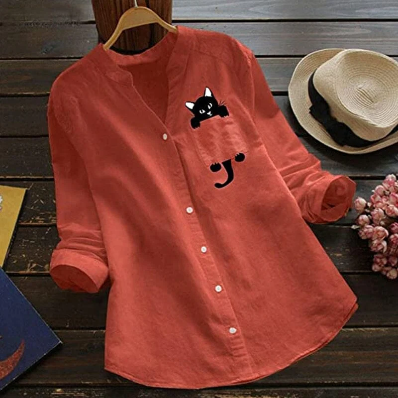 V-neck Cotton And Cat Print Long Sleeve Blouse - Image 5