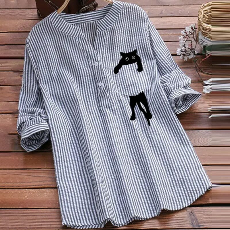 V-neck Cotton And Cat Print Long Sleeve Blouse - Image 6