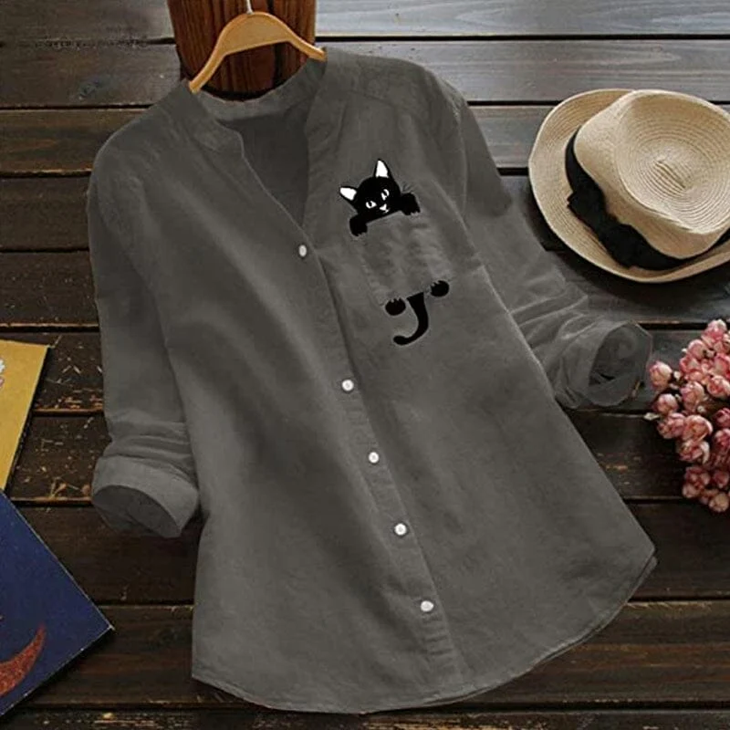 V-neck Cotton And Cat Print Long Sleeve Blouse - Image 7
