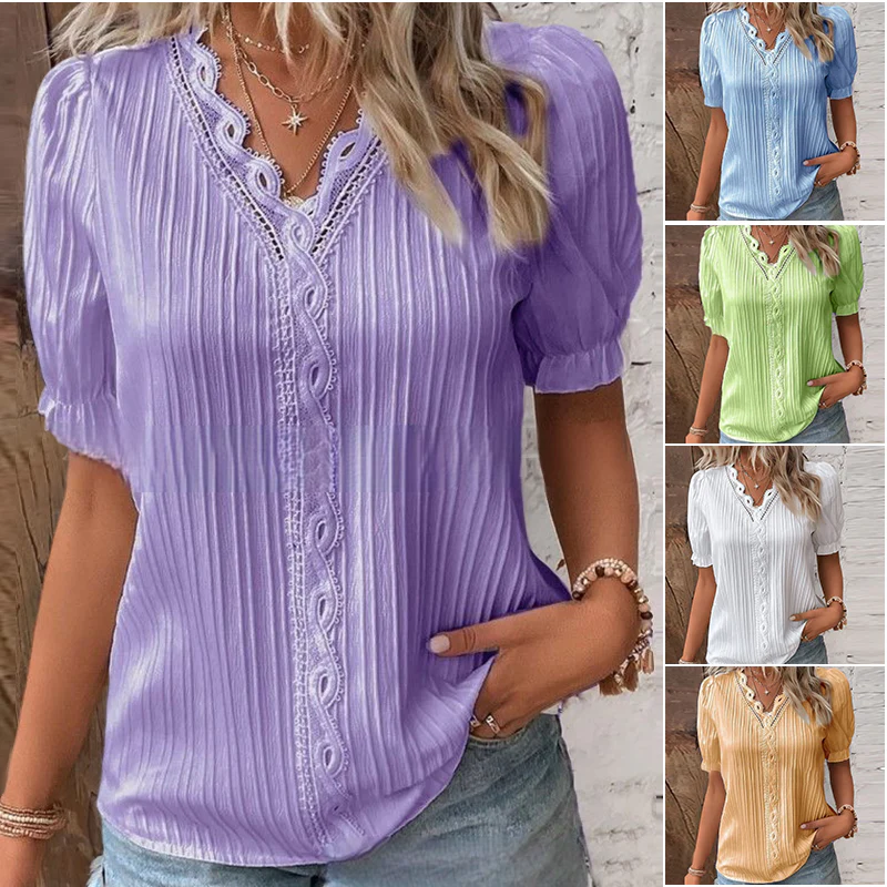 V Neck Plain Lace Elegant Shirt