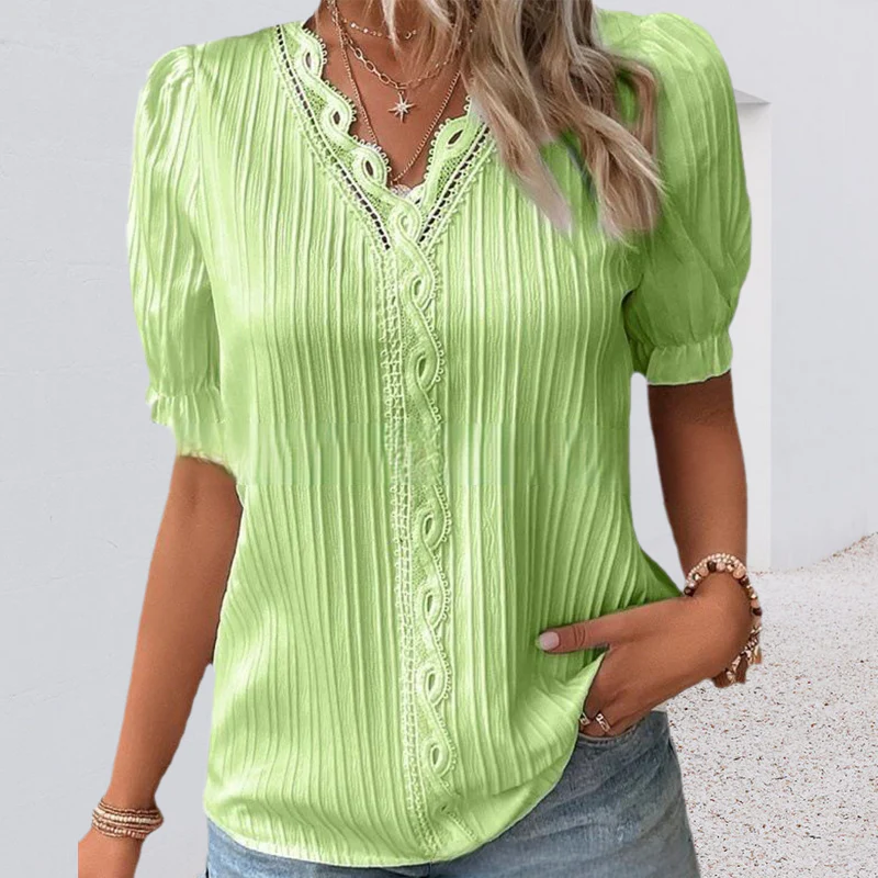 V Neck Plain Lace Elegant Shirt - Image 10