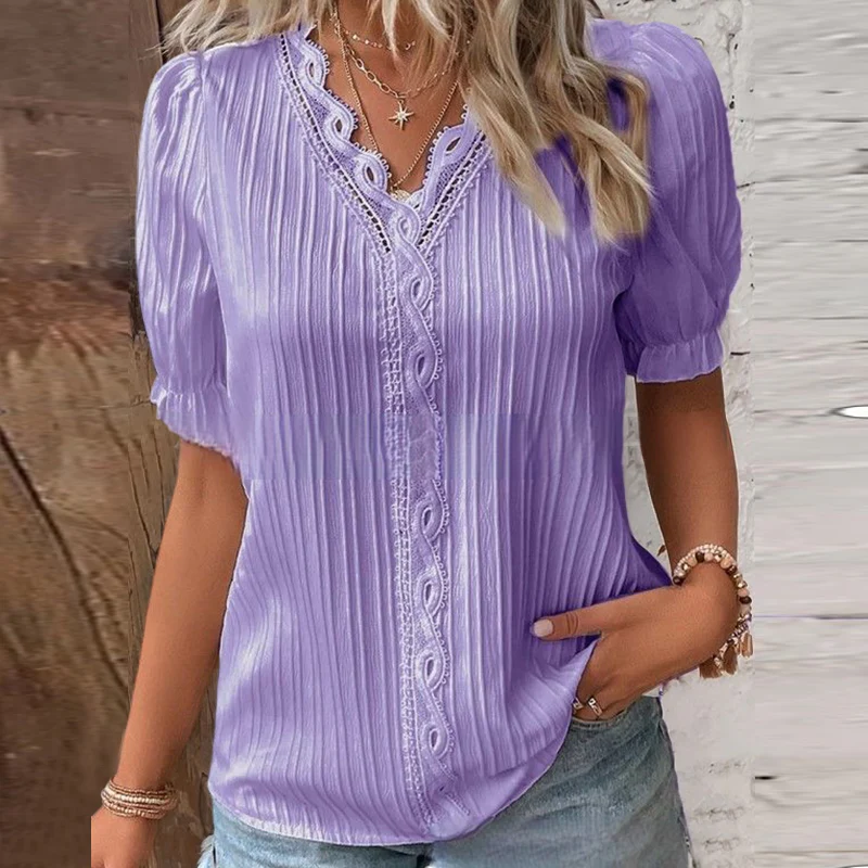 V Neck Plain Lace Elegant Shirt - Image 14