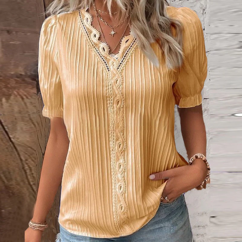 V Neck Plain Lace Elegant Shirt - Image 16