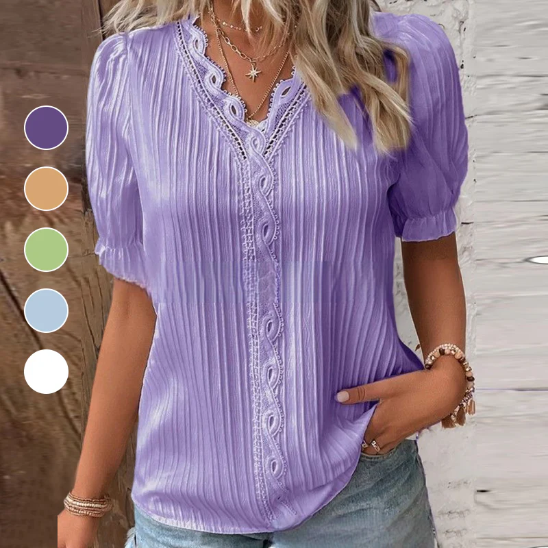V Neck Plain Lace Elegant Shirt - Image 2
