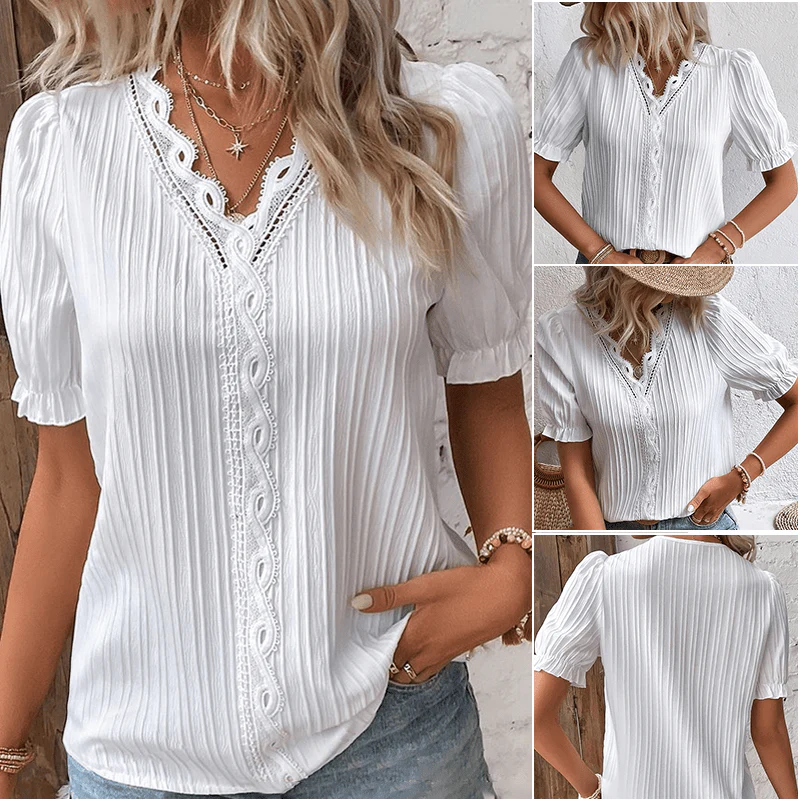 V Neck Plain Lace Elegant Shirt - Image 3