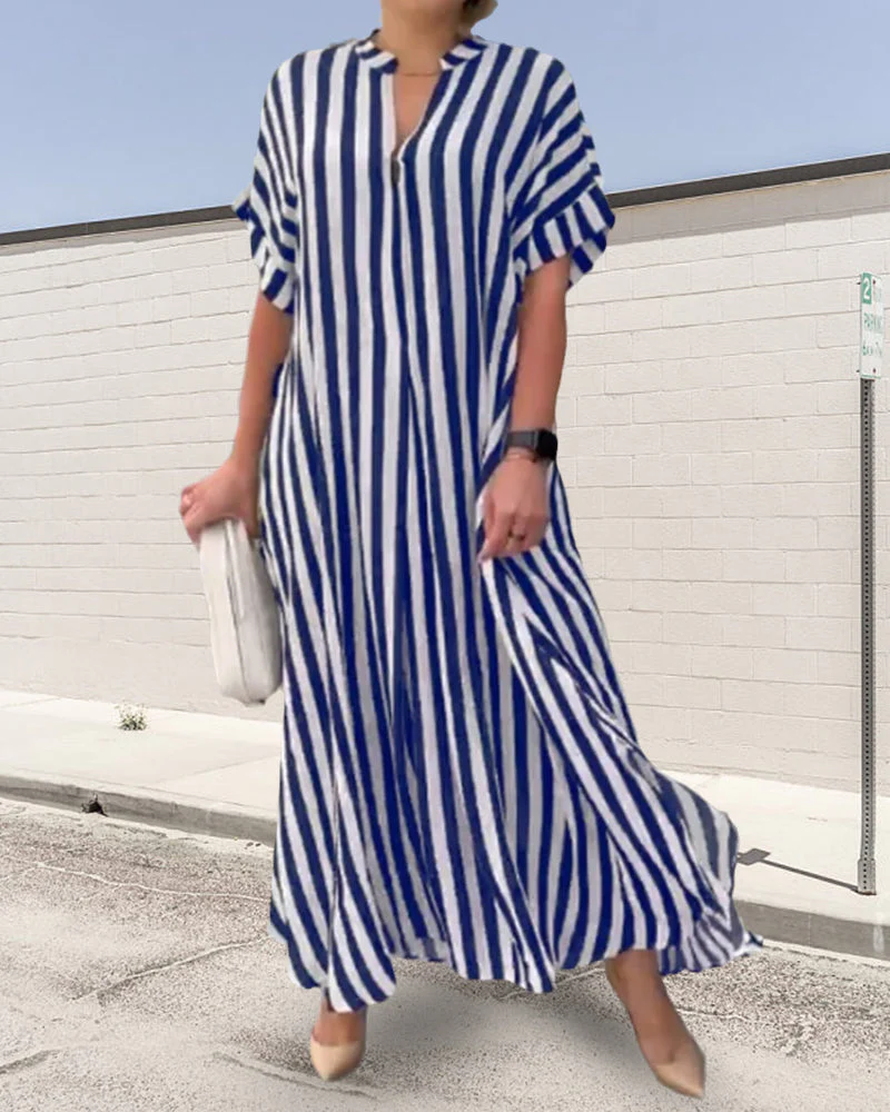 V-neck Shirt Dress in Stripe Print - Image 11