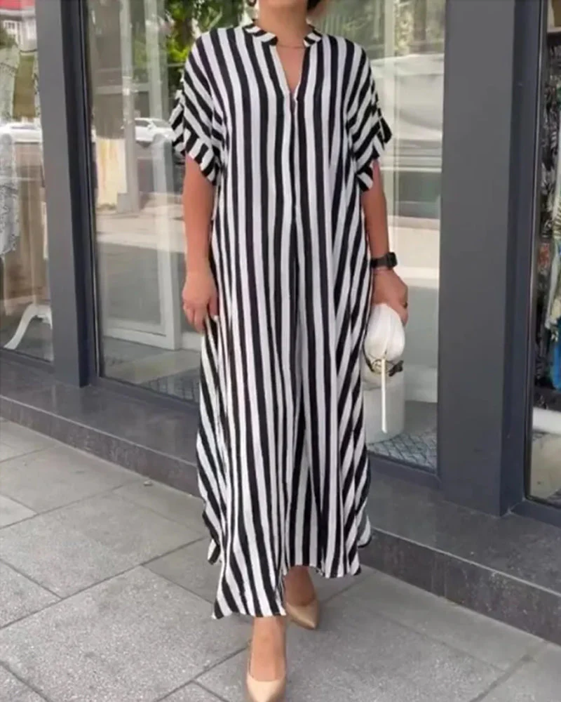 V-neck Shirt Dress in Stripe Print - Image 13
