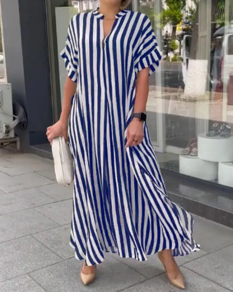 V-neck Shirt Dress in Stripe Print - Image 14