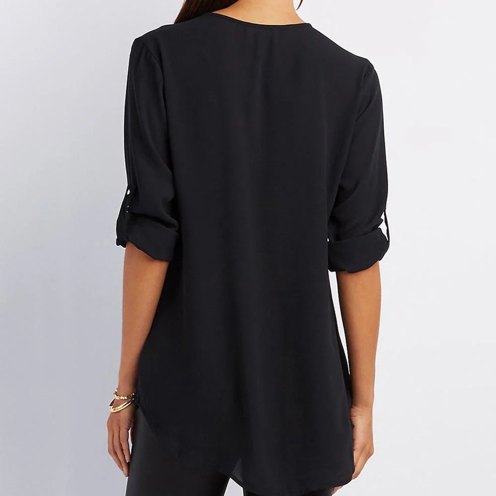 V Neck Zipper Patchwork Plain Blouses - Image 10