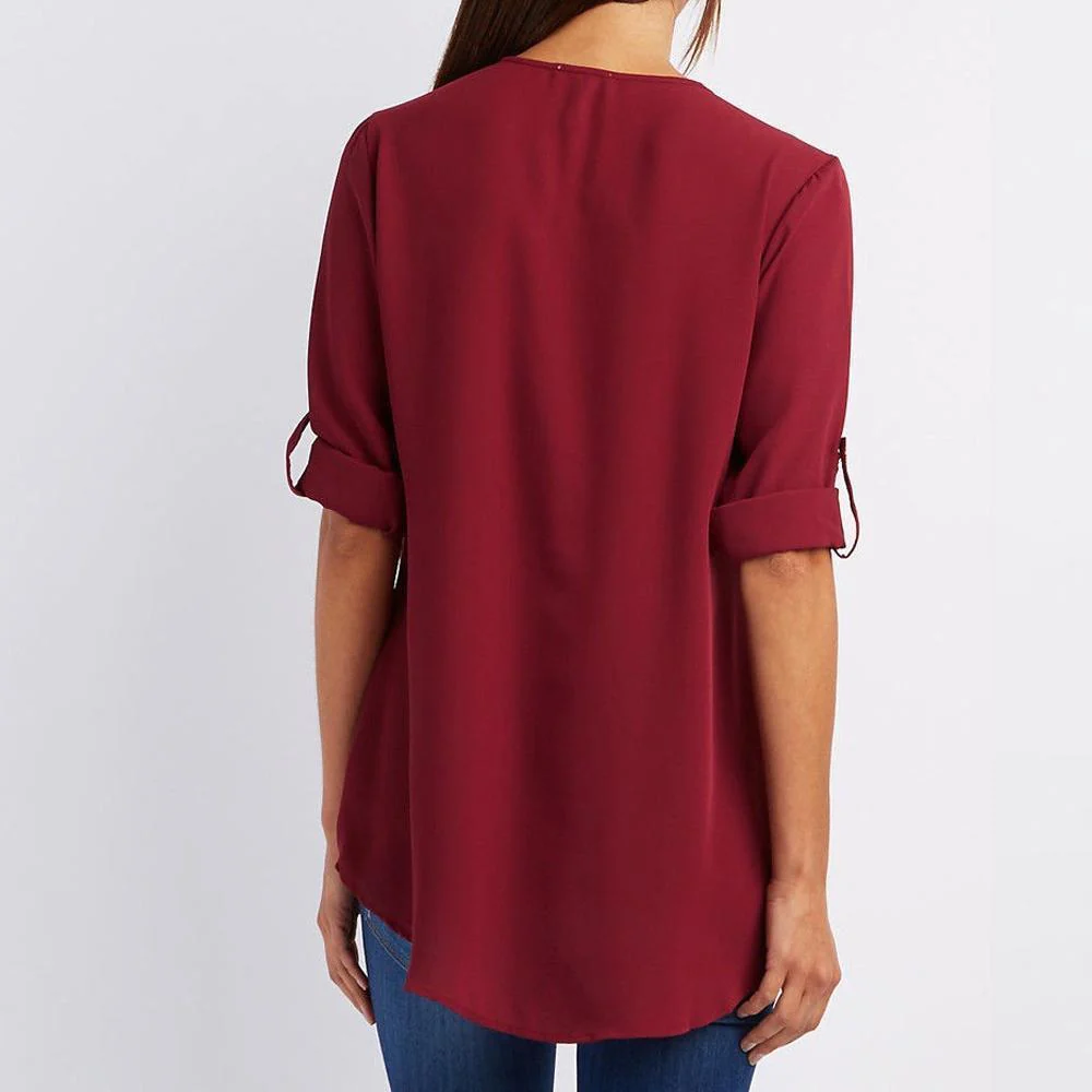V Neck Zipper Patchwork Plain Blouses - Image 11