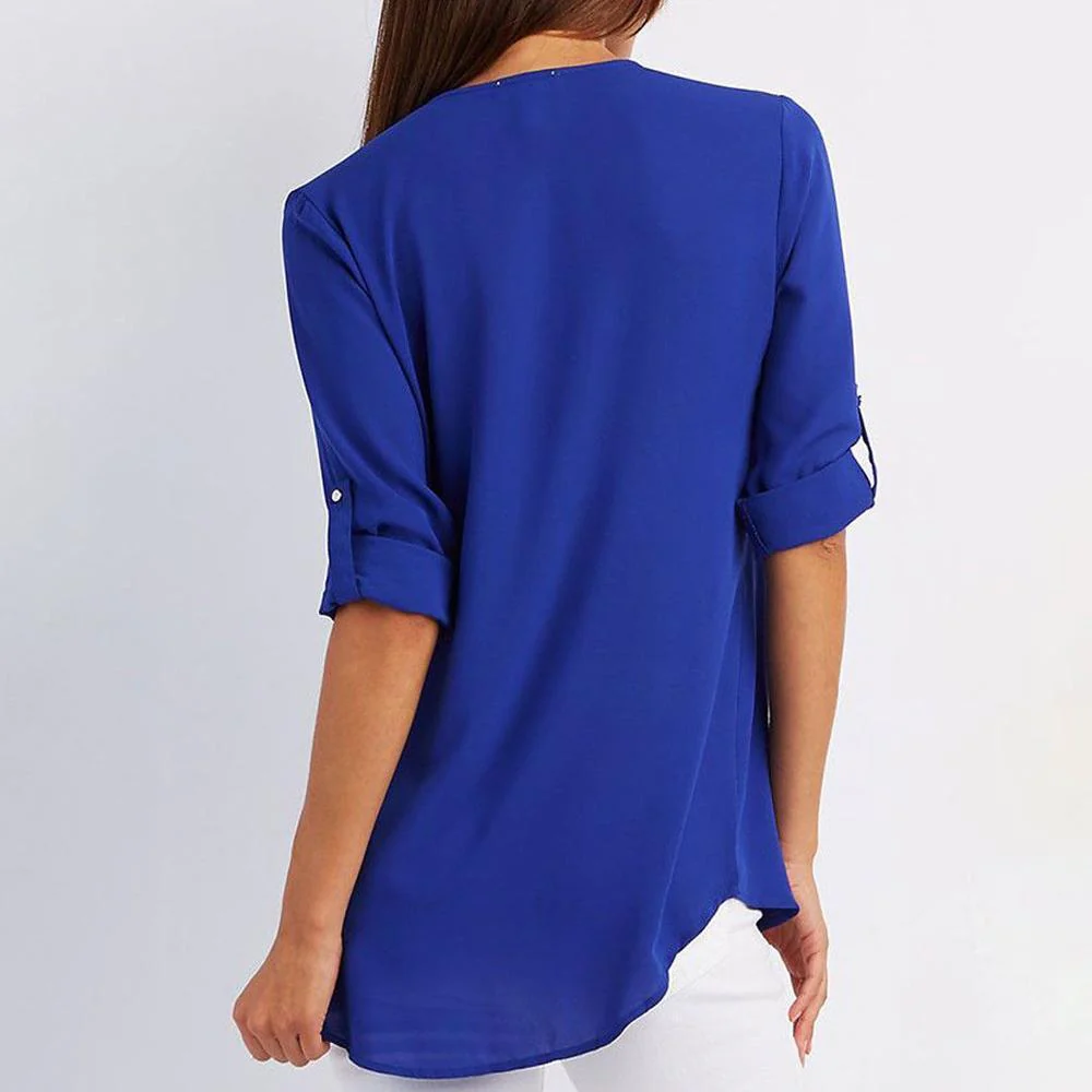V Neck Zipper Patchwork Plain Blouses - Image 12