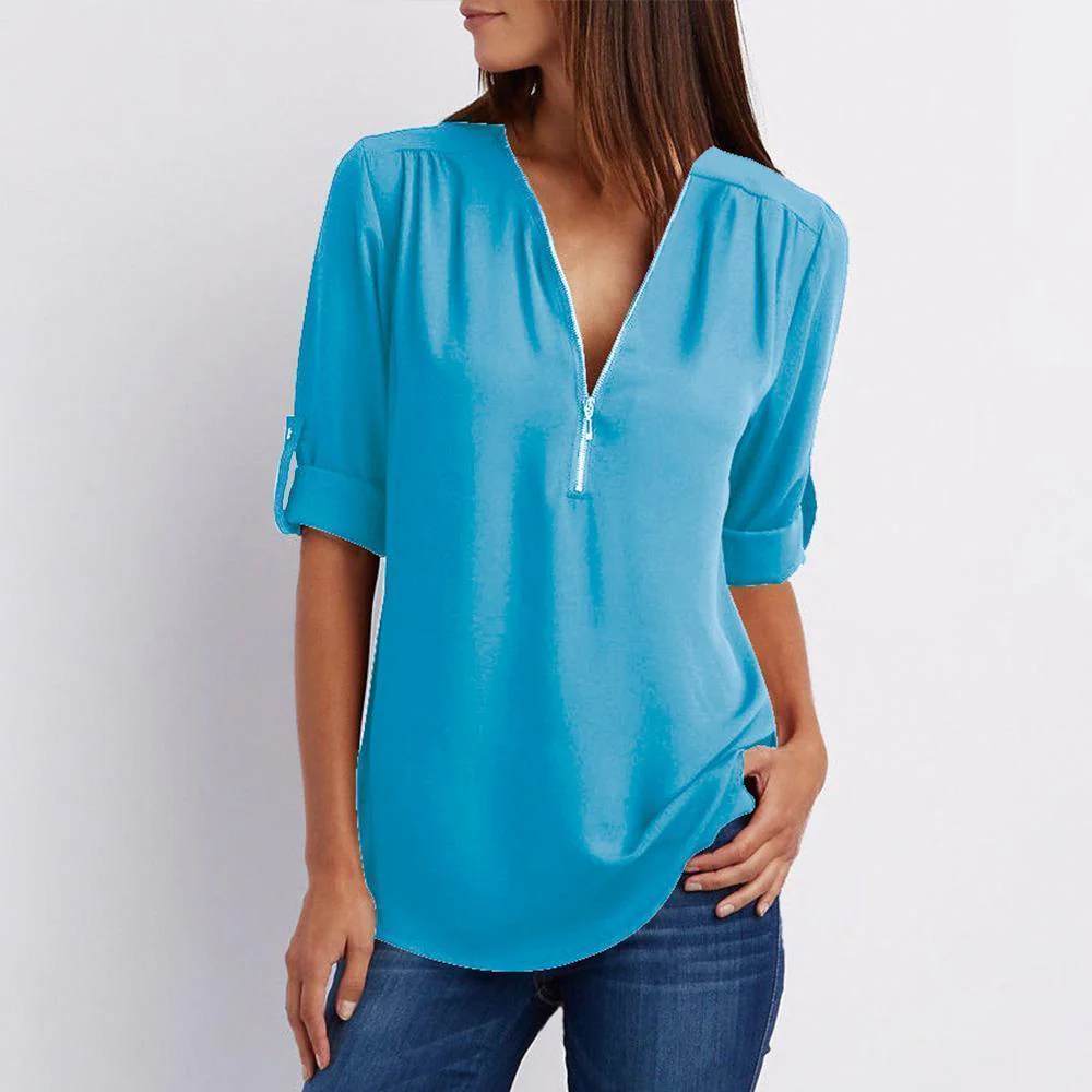 V Neck Zipper Patchwork Plain Blouses - Image 8