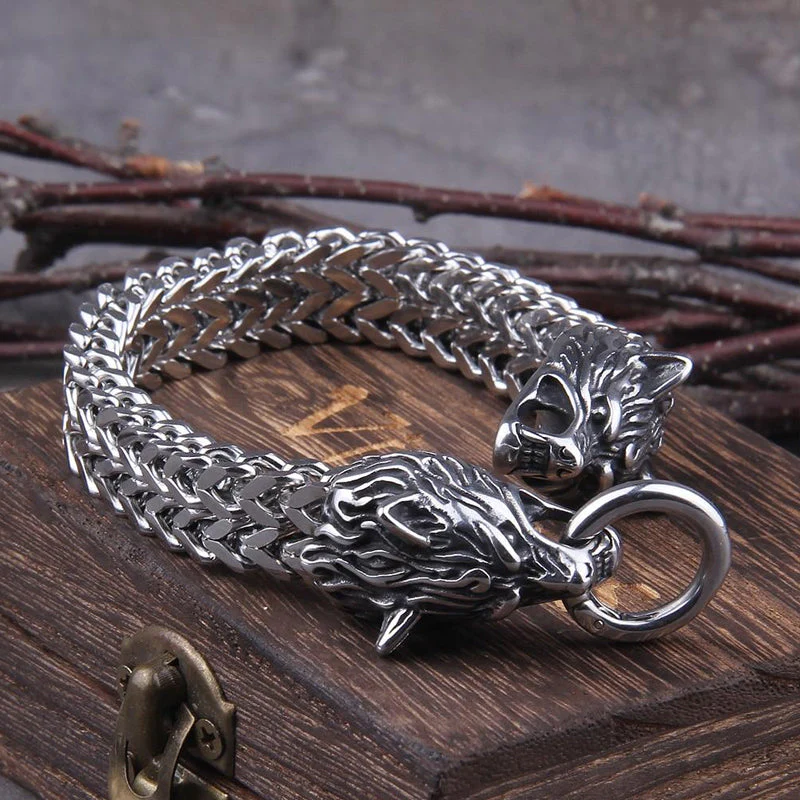 Viking Stainless Steel Double Wolf Head Fenrir Bracelet - Image 2