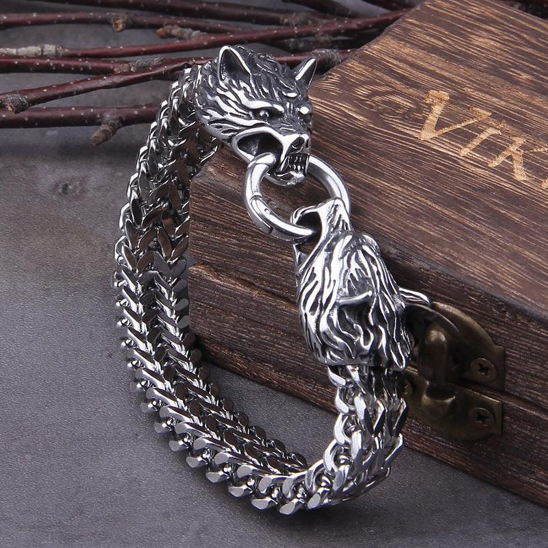 Viking Stainless Steel Double Wolf Head Fenrir Bracelet - Image 3