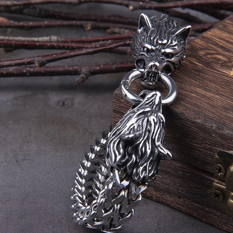 Viking Stainless Steel Double Wolf Head Fenrir Bracelet - Image 4