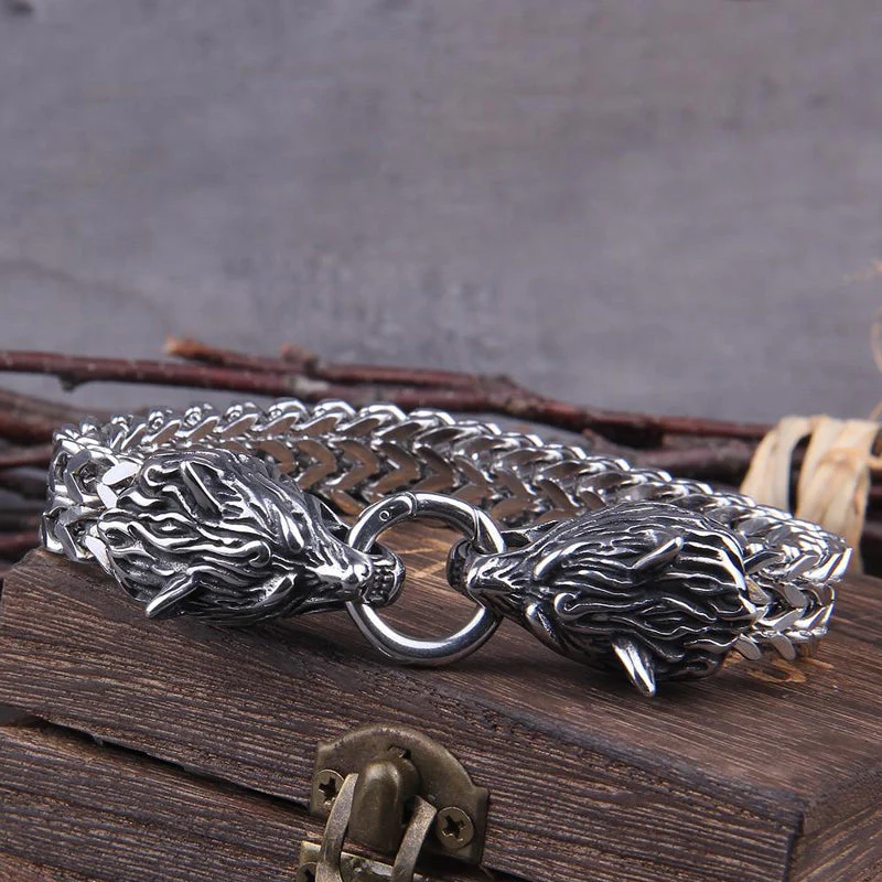 Viking Stainless Steel Double Wolf Head Fenrir Bracelet - Image 5