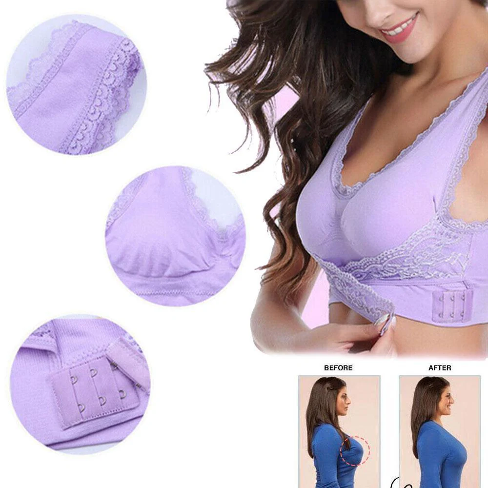 Wireless Front Cross Buckle Lace Lift Bra - Image 7