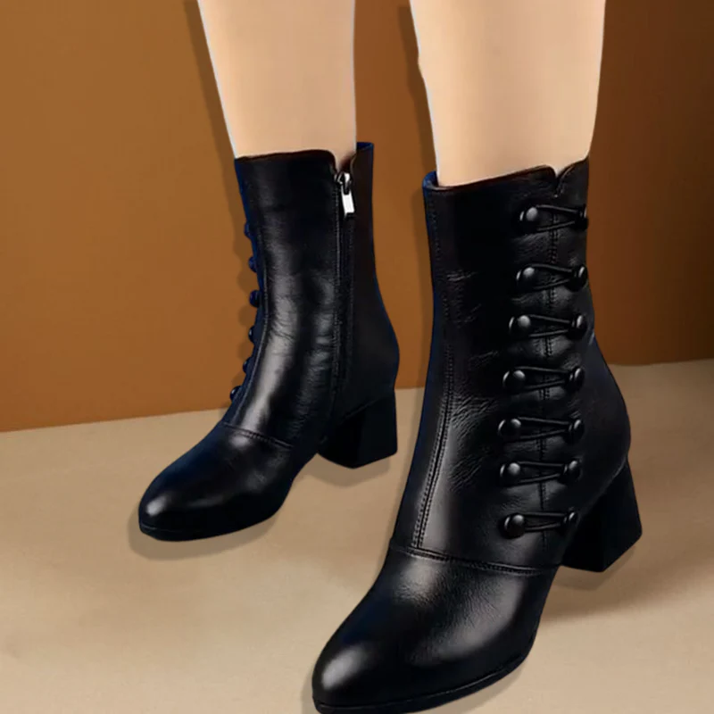 Women Warm Side Butto Leather Ankle Boots - Image 8