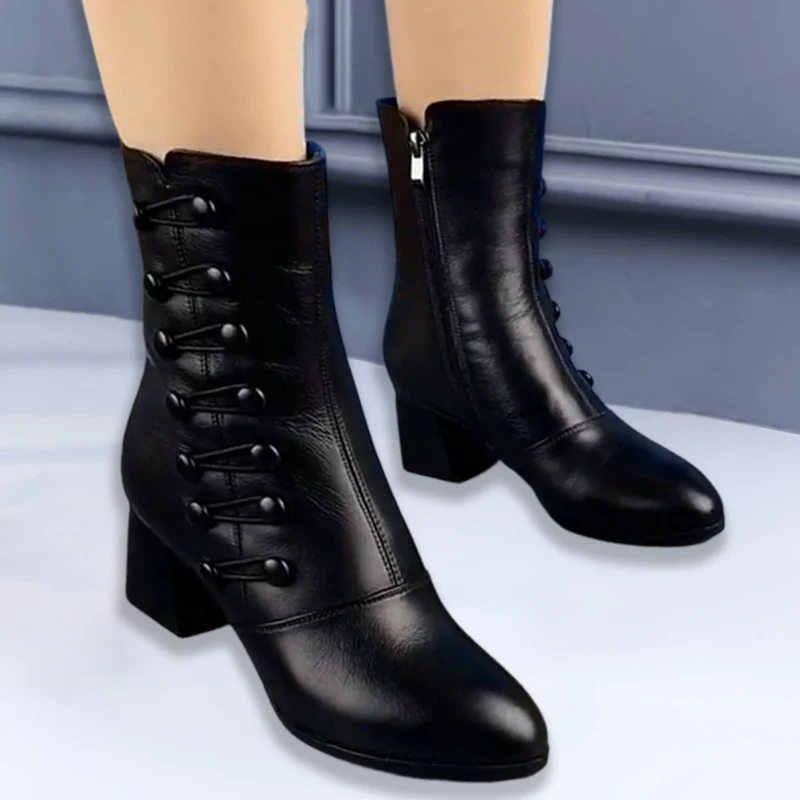 Women Warm Side Butto Leather Ankle Boots - Image 9