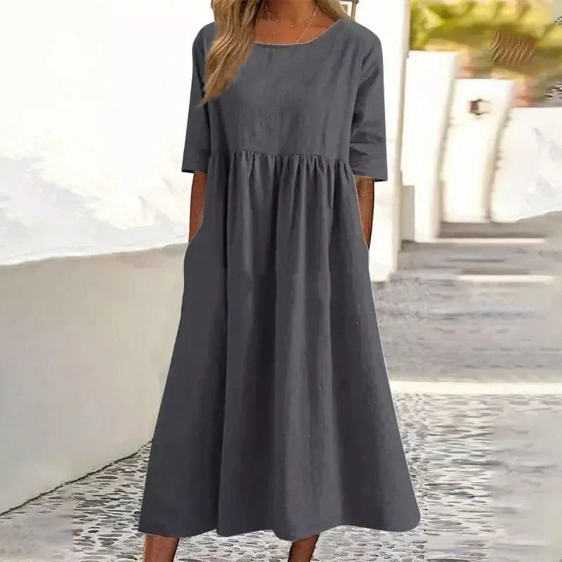 Women's Casual Crew Neck Pocket Smocked Cotton Dress - Image 2