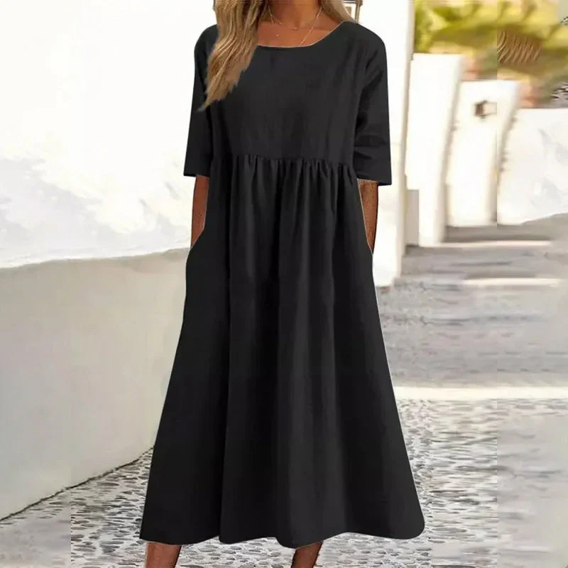 Women's Casual Crew Neck Pocket Smocked Cotton Dress - Image 4