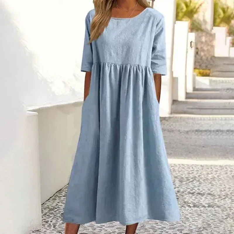 Women's Casual Crew Neck Pocket Smocked Cotton Dress - Image 5
